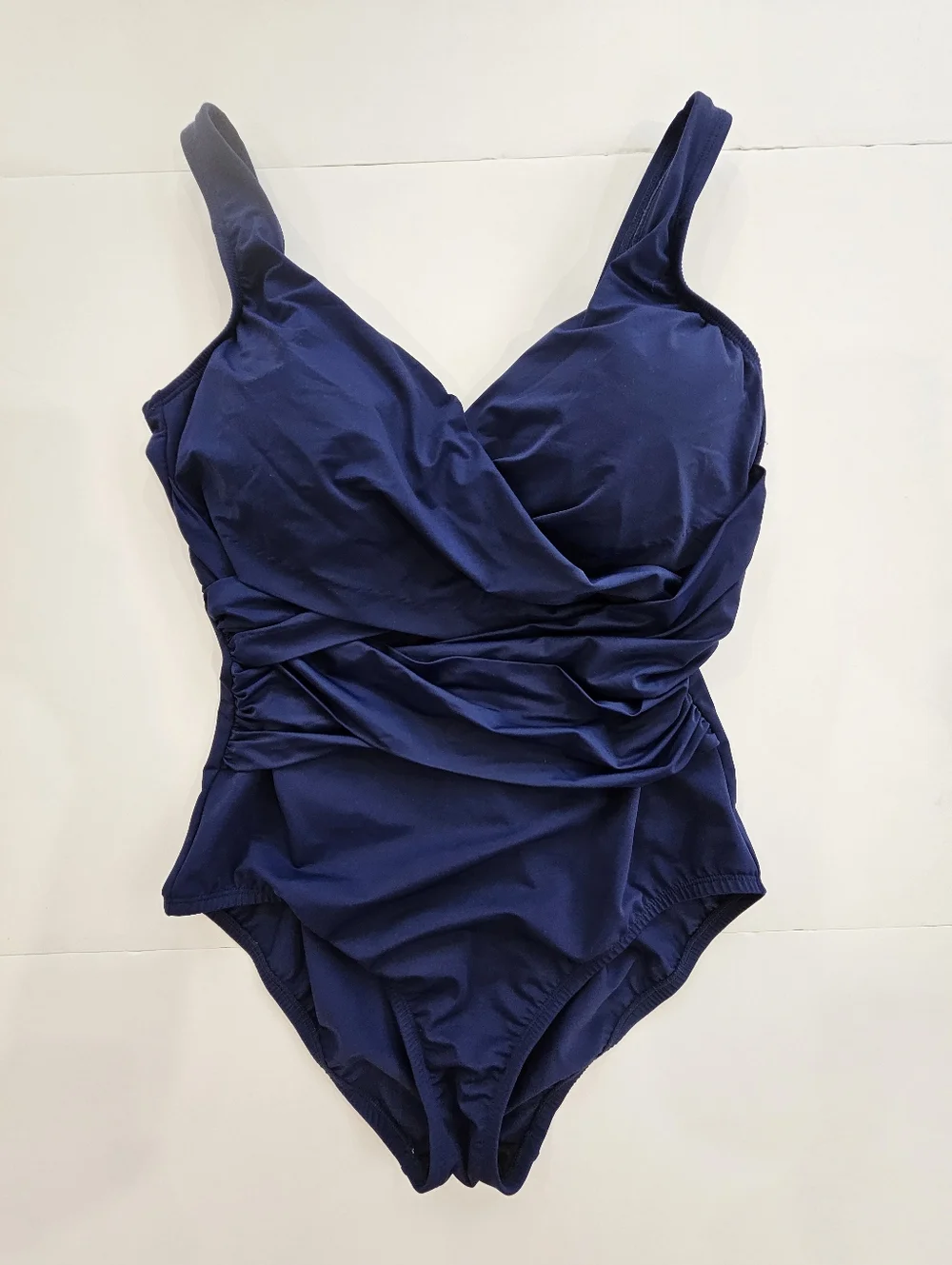 Lands’ End Slender Suit One Piece Swimsuit Womens 12 Blue Ruched Tummy Control